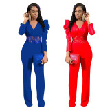 Bandage Lady Pure Color V Neck Lace Splicing Elegant Jumpsuit ED8162