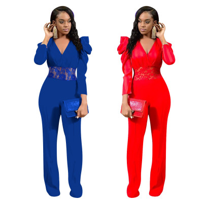Bandage Lady Pure Color V Neck Lace Splicing Elegant Jumpsuit ED8162