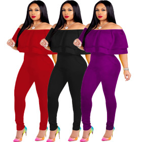 Hot Pure Color Off Shoulder Ruffle Overlay Tight Jumpsuit JH044