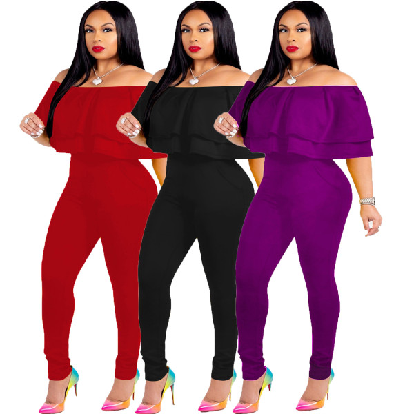 Hot Pure Color Off Shoulder Ruffle Overlay Tight Jumpsuit JH044