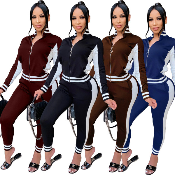 Womens fashion casual suit Rib stitching sports style two-piece suit QZ4319
