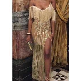 See Through Split Long Condole Belt Dress With Tassel KLY6001