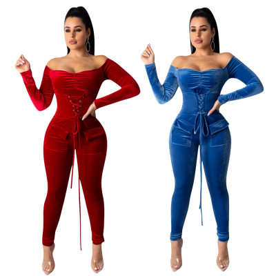 Blue/Red Hot Sale Velvet Eyelets Bandage Strapless Jumpsuit W8252