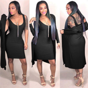 Tank Style Bodycon Short Dress With Long Sleeves Coat SMD638