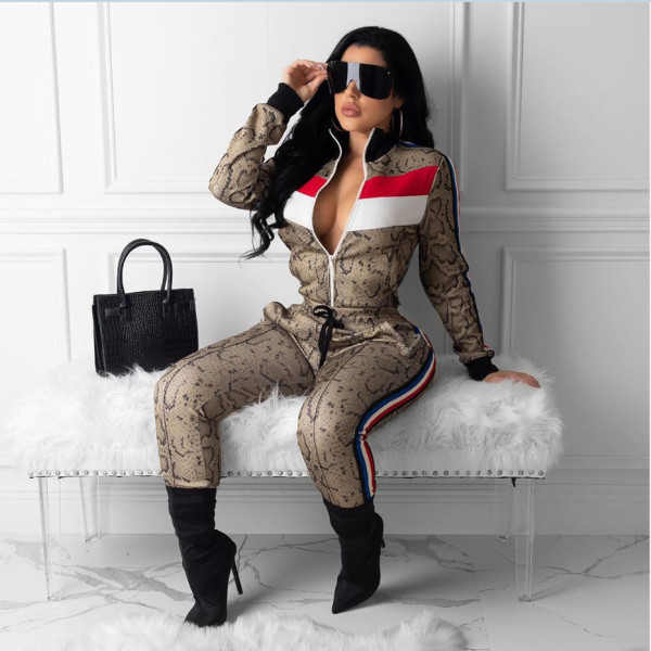 Zipper Snake Printing Webbing Splicing Casual Sets For Female R6246