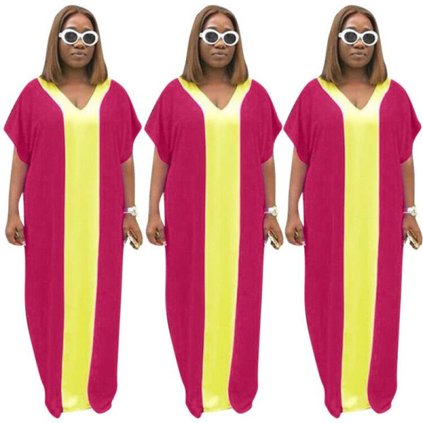 Colorblock V Neck Loose Maxi Dress SMD6645