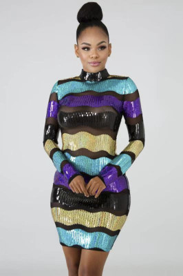 Sexy colorful striped sequin dress CY8175