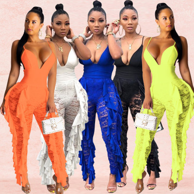 Strappy Solid Color Women Lace Patchwork Tight Jumpsuit XZ3285