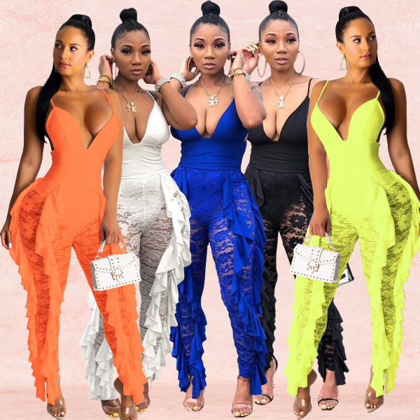 Strappy Solid Color Women Lace Patchwork Tight Jumpsuit XZ3285
