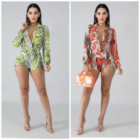 Slim Bodycon V Neck Summer Snake Printed Short Jumpsuit KSN5032