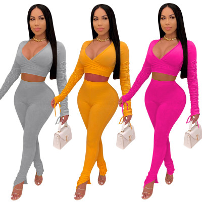 Sexy V-Neck Drawstring Long Sleeves Cropped Top With Pleated Split Pants Two Piece Set Q678