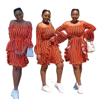 Latest Flare Sleeve A Word Shoulder Top Ruffle Midi Skirt AMM8054