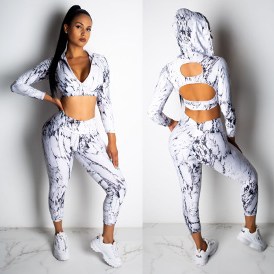 Hot Sell Sets Hollow Out Hooded Top Women Skinny Pants CY1148