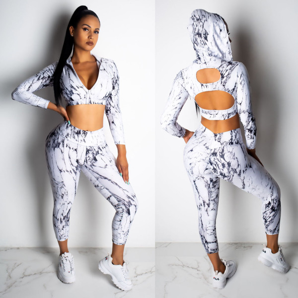 Hot Sell Sets Hollow Out Hooded Top Women Skinny Pants CY1148