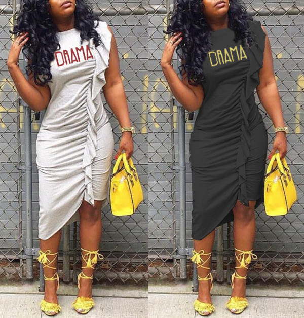 Irregular Slim Bodycon Gray/Black Ruffle Lady Dress D8257