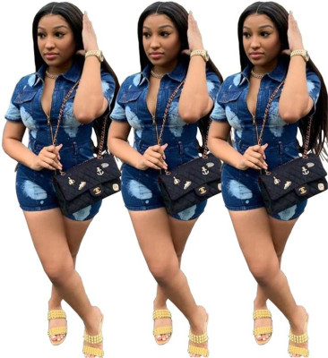 Casual Short Sleeves Jeans Women Ripped Short Jumpsuit LA3132