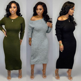 Winter Backless Slim Bodycon Plain Color Ankle Length Dress TRS982