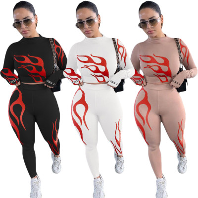 Autumn Pattern Printed Round Neck Long Sleeves Cropped Top With Trousers Two Piece Set NY8017