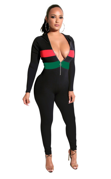 Color Patchwork Hooded Bodycon Jumpsuits With Zipper XY1869