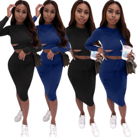 Hollow Out Solid Color Suits Long Sleeve Top Bodycon Skirt R6110