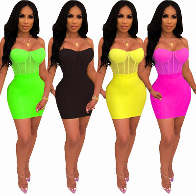 Sexy Suits Condole Belt Mesh Top Solid Wrap Skirt XZ3240