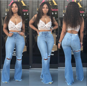 Fashion Stripe High Waist Jeans Hole Oversize Flares Pants LA3123