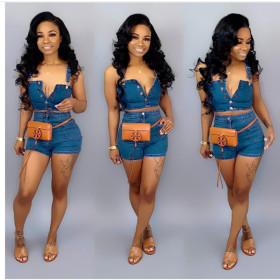 Sexy slim denim suspender top + super shorts two-piece set WY3035