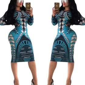 Promotion Geometric Print Long Sleeve Midi Dress XY1874