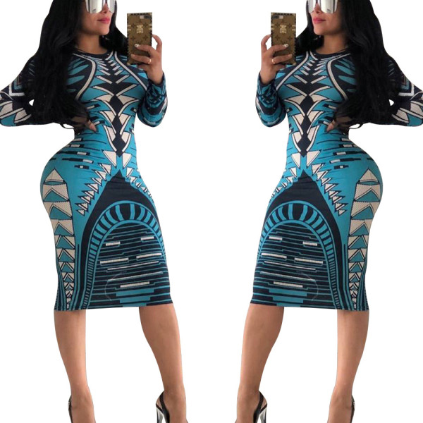 Promotion Geometric Print Long Sleeve Midi Dress XY1874