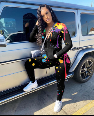 Fashion Graffiti Zipper Pocket Long Sleeves Top With Trousers Plus Size Two Piece Set CY8025