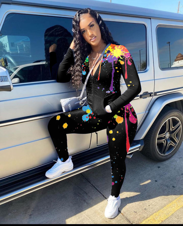 Fashion Graffiti Zipper Pocket Long Sleeves Top With Trousers Plus Size Two Piece Set CY8025