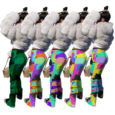 Urban casual women's pleated split micro horn 5 color camouflage track pants ALS167