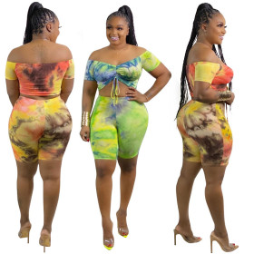 Tie-dye printing shorts two-piece suit casual sexy nightclub plus size women's clothing OSS20716