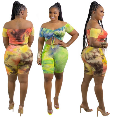 Tie-dye printing shorts two-piece suit casual sexy nightclub plus size women's clothing OSS20716