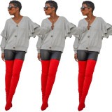 Gray Women Buttton V Neck Blouse Flounced Detail Sleeve Top ZH5167
