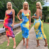 Sexy Coloring Printed Suspenders Backless Bodycon Midi Dress YX9220