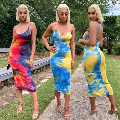Sexy Coloring Printed Suspenders Backless Bodycon Midi Dress YX9220