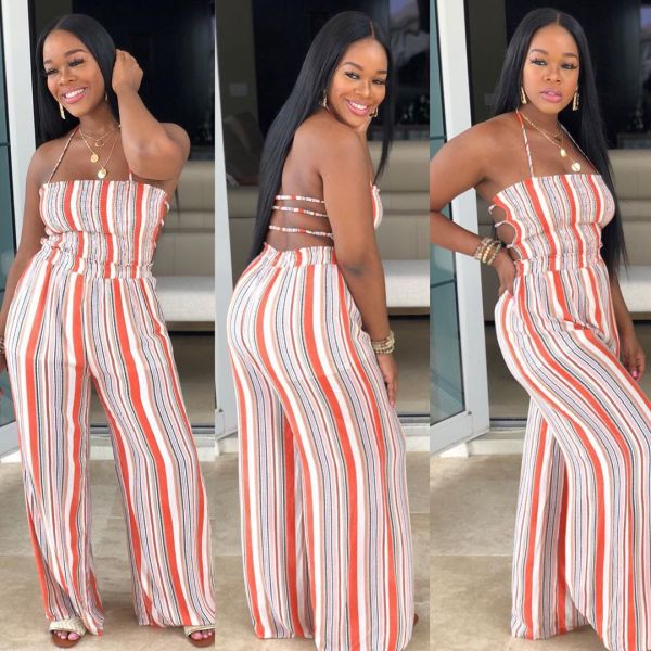 Off Shoulder Striped Wide Leg Jumpsuit For Daily Wear H1183