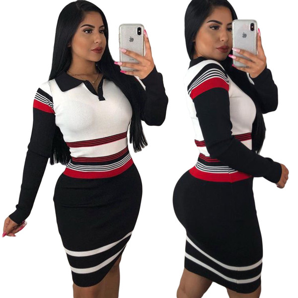 Casual Stripe Patchwork POLO Collar Midi Dress For Ladies ML7137