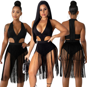 Sexy Beach Deep V Neck Tassel Black Dress For Ladies LA3113