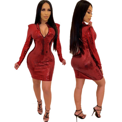 Trendy Glitter Zipper Long Sleeved Slim Bodycon Red Dress CCY8249