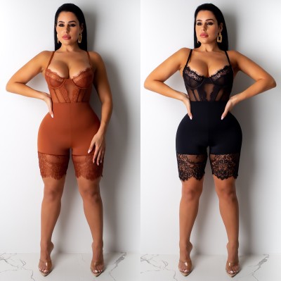 Trendy Lace Patchwork Solid Color Ladies Strappy Mid Jumpsuit MS1093