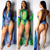 Printing Backless One-Piece Swimwear With Long Cloak K8729