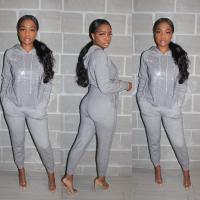 Glitter Sequined Hoodie Plain Color Slinky Pants Gym Outfits E8471