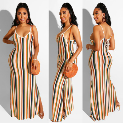 Split Hot Striped Condole Belt Colorful Long Dress KF95