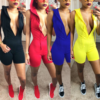 Fashion Hooded Sleeveless Bodycon Short Jumpsuit ALS7579