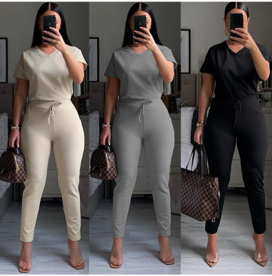 Street leisure sports V-neck solid color two-piece suit TY1802