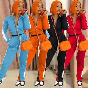 Fashion Contrast Stitching Zipper Long Sleeves Cardigan With Split Trousers Two Piece Set TK6113