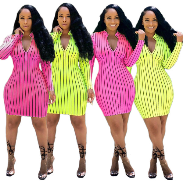 Casual Long Sleeves Women Striped V Collar Pencil Dress AMM8182
