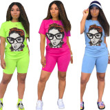 Figure Patterns T-Shirt Solid Shorts Leisure Comfy Female Sets CL6018